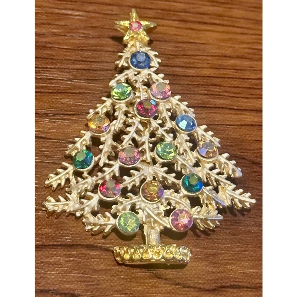 Vintage WEISS Aurora Borealis Christmas Tree Brooch "White Christmas" Brooch